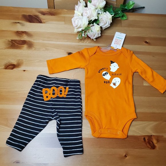 Just one you - Halloween Outfits Orange Long Sleeve Romper Boo Stripe Long Pants - Picture 2 of 4